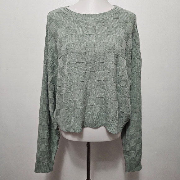 Double Zero Sage Basketweave Cropped Oversized Crewneck Sweater Size Large - Picture 2 of 7